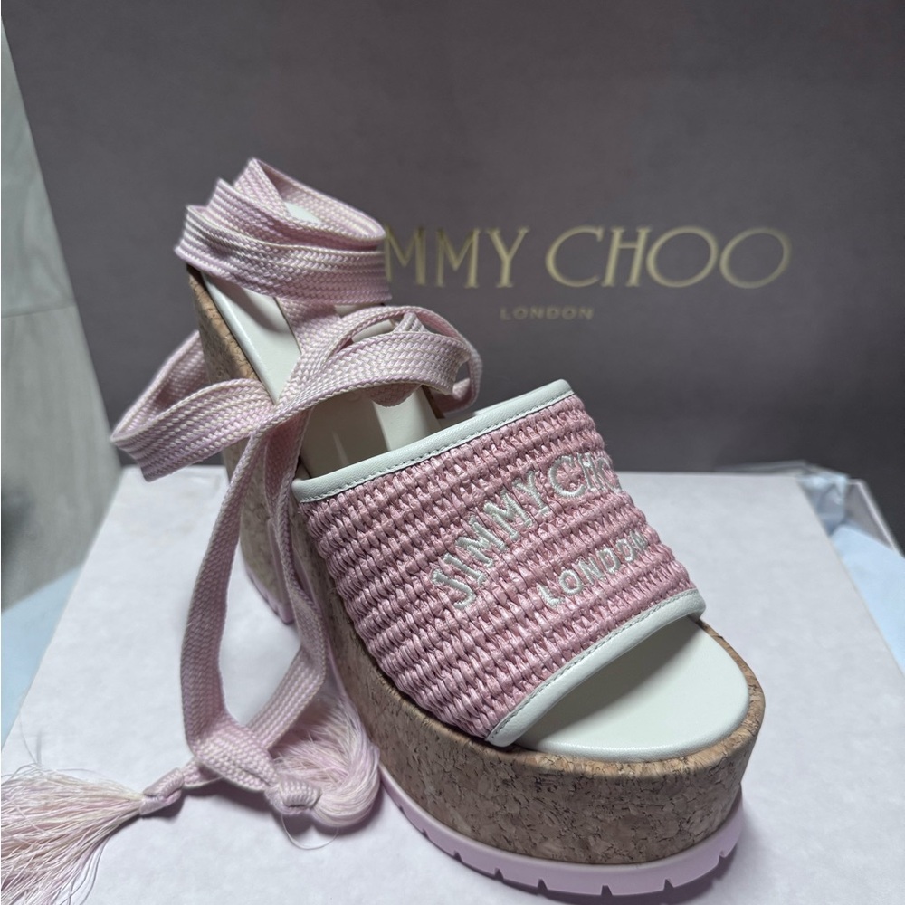 Jimmy Choo Pink and White Platform Shoes with Satin Ties